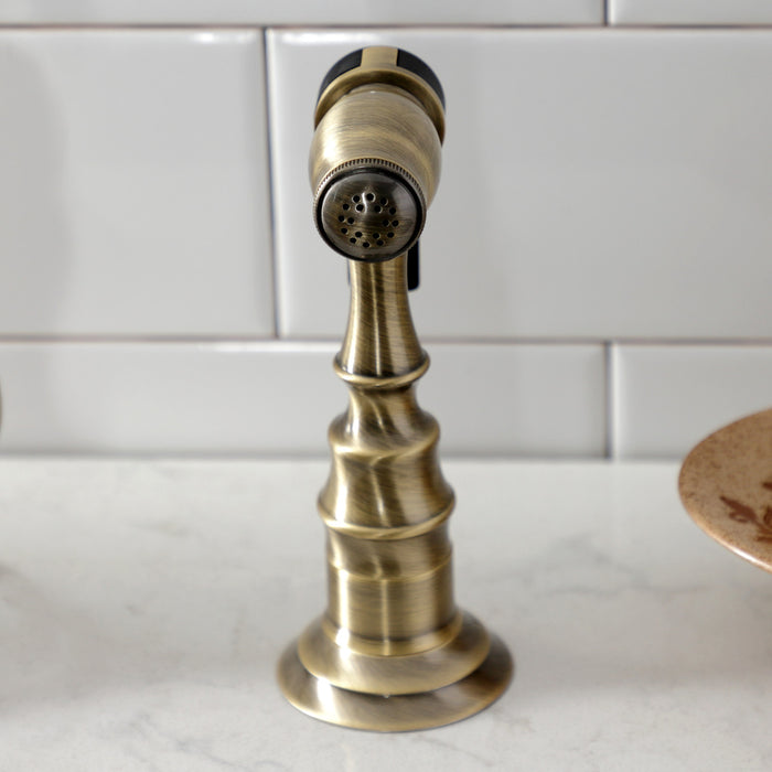Kingston Heirloom KS7793TXBS - French Country Two-Handle 3-Hole Deck Mount Bridge Kitchen Faucet with Brass Sprayer, Antique Brass