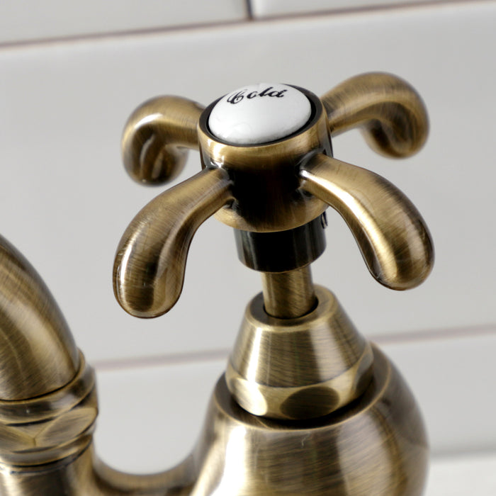 Kingston Heirloom KS7793TXBS - French Country Two-Handle 3-Hole Deck Mount Bridge Kitchen Faucet with Brass Sprayer, Antique Brass