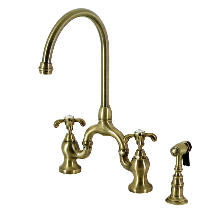 Kingston Heirloom KS7793TXBS - French Country Two-Handle 3-Hole Deck Mount Bridge Kitchen Faucet with Brass Sprayer, Antique Brass