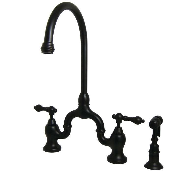 English Country KS7795ALBS Two-Handle 3-Hole Deck Mount Bridge Kitchen Faucet with Brass Side Sprayer, Oil Rubbed Bronze