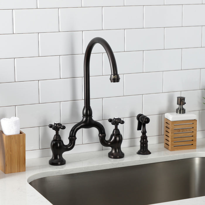 Kingston Heirloom KS7795AXBS - English Country Two-Handle 3-Hole Deck Mount Bridge Kitchen Faucet with Brass Sprayer, Oil Rubbed Bronze