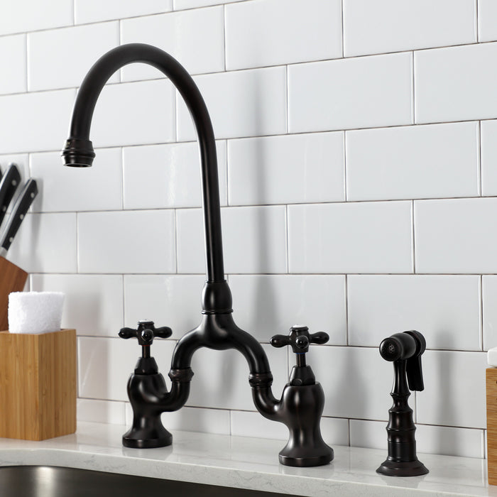 Kingston Heirloom KS7795AXBS - English Country Two-Handle 3-Hole Deck Mount Bridge Kitchen Faucet with Brass Sprayer, Oil Rubbed Bronze