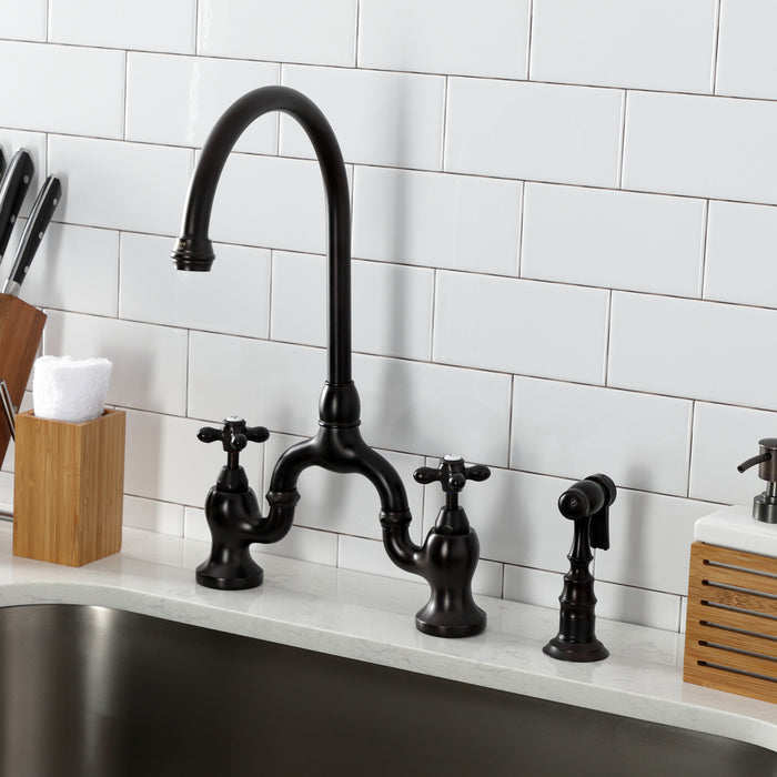 Kingston Heirloom KS7795AXBS - English Country Two-Handle 3-Hole Deck Mount Bridge Kitchen Faucet with Brass Sprayer, Oil Rubbed Bronze
