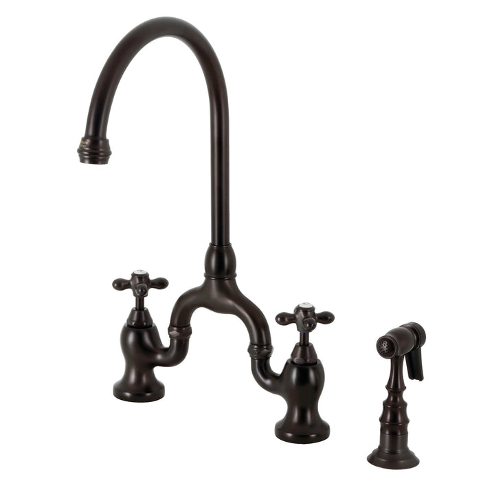 Kingston Heirloom KS7795AXBS - English Country Two-Handle 3-Hole Deck Mount Bridge Kitchen Faucet with Brass Sprayer, Oil Rubbed Bronze