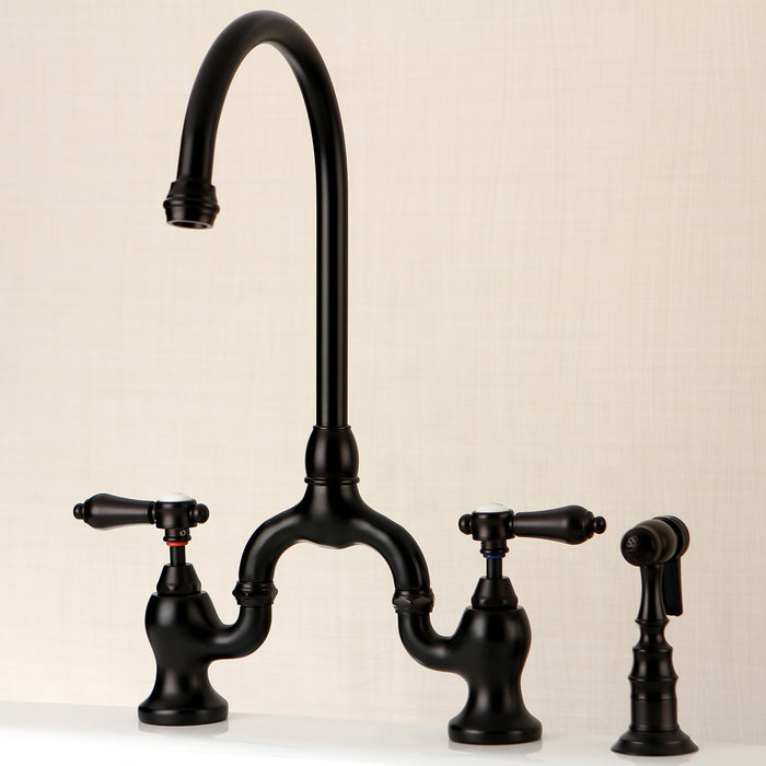 Kingston Heirloom KS7795BALBS - Heirloom Two-Handle 3-Hole Deck Mount Bridge Kitchen Faucet with Brass Sprayer, Oil Rubbed Bronze