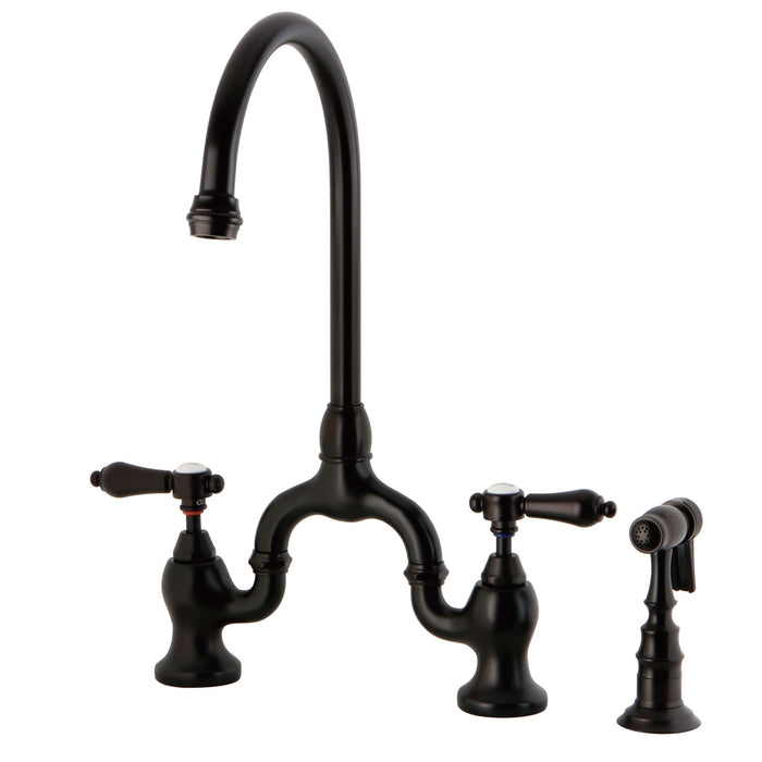 Kingston Heirloom KS7795BALBS - Heirloom Two-Handle 3-Hole Deck Mount Bridge Kitchen Faucet with Brass Sprayer, Oil Rubbed Bronze