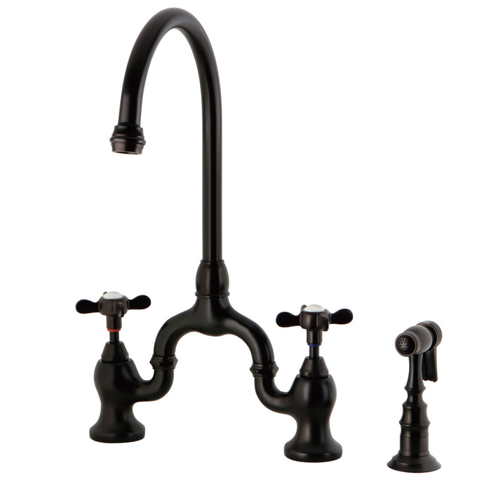 Kingston Heirloom KS7795BEXBS - Essex Two-Handle 3-Hole Deck Mount Bridge Kitchen Faucet with Brass Sprayer, Oil Rubbed Bronze
