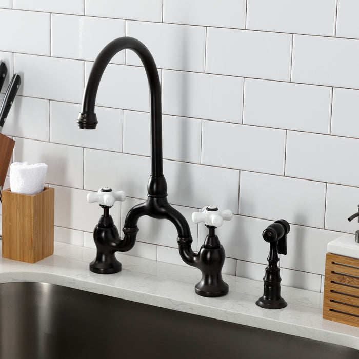 Kingston Heirloom KS7795PXBS - English Country Two-Handle 3-Hole Deck Mount Bridge Kitchen Faucet with Brass Sprayer, Oil Rubbed Bronze