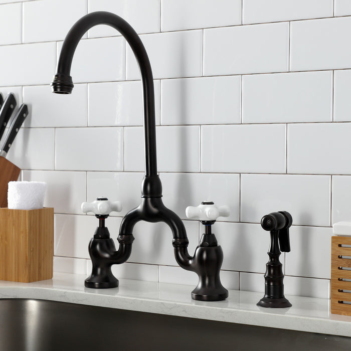 Kingston Heirloom KS7795PXBS - English Country Two-Handle 3-Hole Deck Mount Bridge Kitchen Faucet with Brass Sprayer, Oil Rubbed Bronze