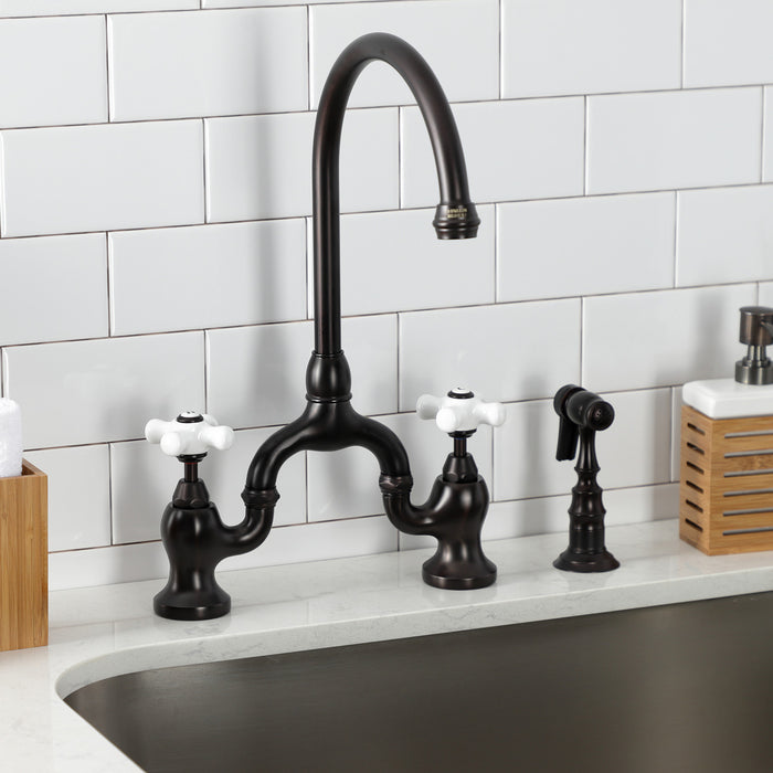 Kingston Heirloom KS7795PXBS - English Country Two-Handle 3-Hole Deck Mount Bridge Kitchen Faucet with Brass Sprayer, Oil Rubbed Bronze