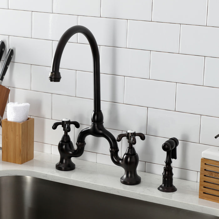 Kingston Heirloom KS7795TXBS - French Country Two-Handle 3-Hole Deck Mount Bridge Kitchen Faucet with Brass Sprayer, Oil Rubbed Bronze