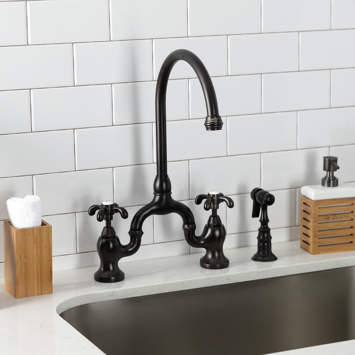 Kingston Heirloom KS7795TXBS - French Country Two-Handle 3-Hole Deck Mount Bridge Kitchen Faucet with Brass Sprayer, Oil Rubbed Bronze
