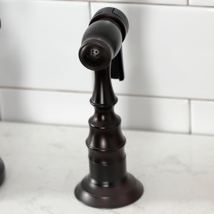 Kingston Heirloom KS7795TXBS - French Country Two-Handle 3-Hole Deck Mount Bridge Kitchen Faucet with Brass Sprayer, Oil Rubbed Bronze
