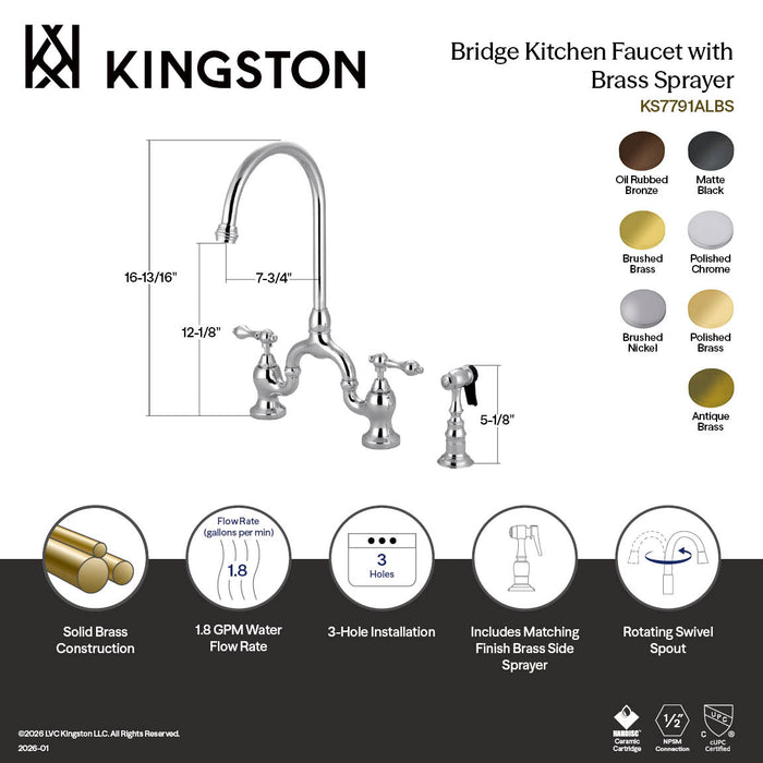 Kingston Heirloom KS7797ALBS - English Country Two-Handle 3-Hole Deck Mount Bridge Kitchen Faucet with Brass Sprayer, Brushed Brass