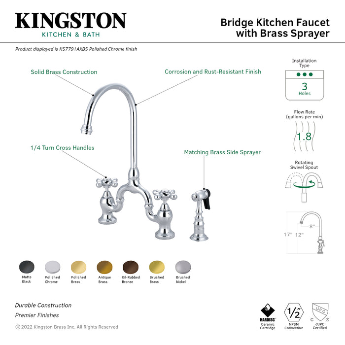 Kingston Heirloom KS7797AXBS - English Country Two-Handle 3-Hole Deck Mount Bridge Kitchen Faucet with Brass Sprayer, Brushed Brass