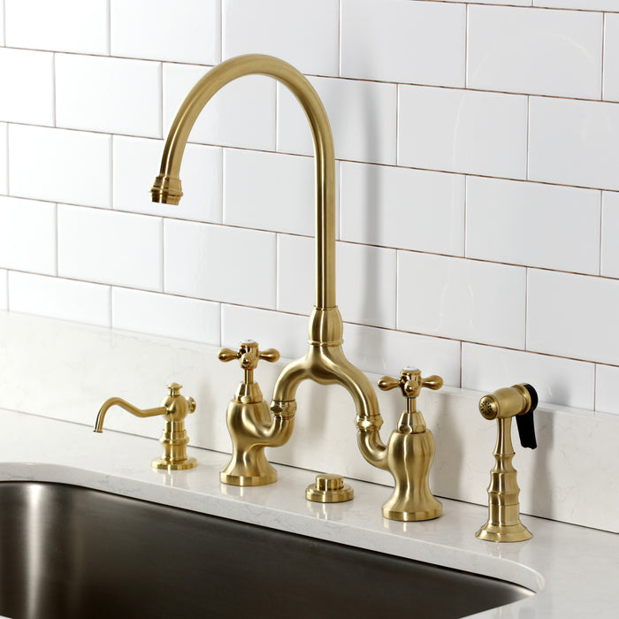 Kingston Heirloom KS7797AXBS - English Country Two-Handle 3-Hole Deck Mount Bridge Kitchen Faucet with Brass Sprayer, Brushed Brass