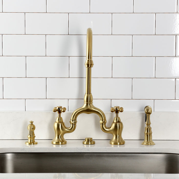 Kingston Heirloom KS7797AXBS - English Country Two-Handle 3-Hole Deck Mount Bridge Kitchen Faucet with Brass Sprayer, Brushed Brass
