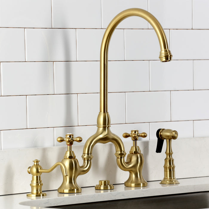 Kingston Heirloom KS7797AXBS - English Country Two-Handle 3-Hole Deck Mount Bridge Kitchen Faucet with Brass Sprayer, Brushed Brass