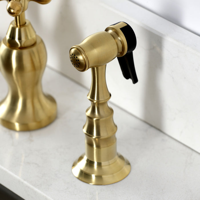 Kingston Heirloom KS7797AXBS - English Country Two-Handle 3-Hole Deck Mount Bridge Kitchen Faucet with Brass Sprayer, Brushed Brass