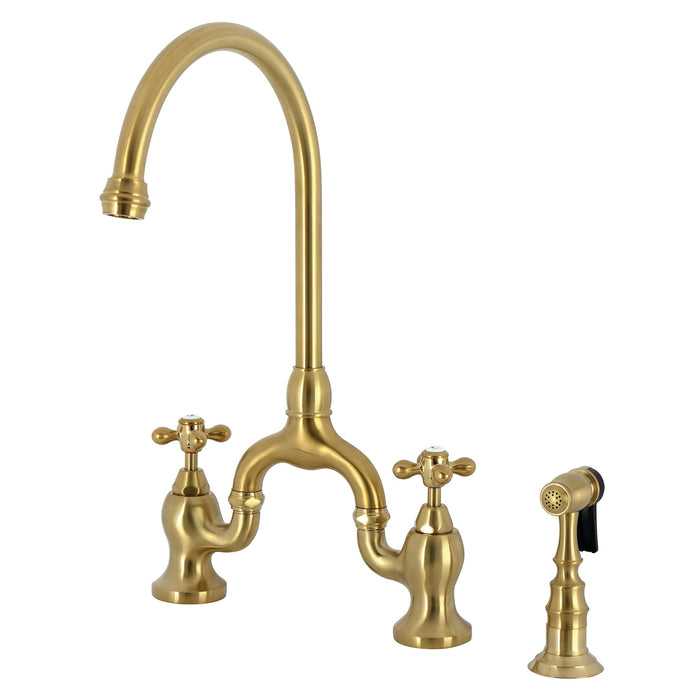 Kingston Heirloom KS7797AXBS - English Country Two-Handle 3-Hole Deck Mount Bridge Kitchen Faucet with Brass Sprayer, Brushed Brass