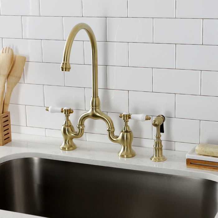 Kingston Heirloom KS7797BPLBS - Bel-Air Two-Handle 3-Hole Deck Mount Bridge Kitchen Faucet with Brass Sprayer, Brushed Brass