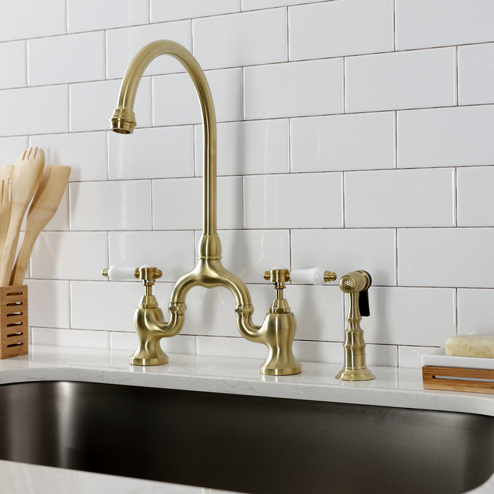 Kingston Heirloom KS7797BPLBS - Bel-Air Two-Handle 3-Hole Deck Mount Bridge Kitchen Faucet with Brass Sprayer, Brushed Brass