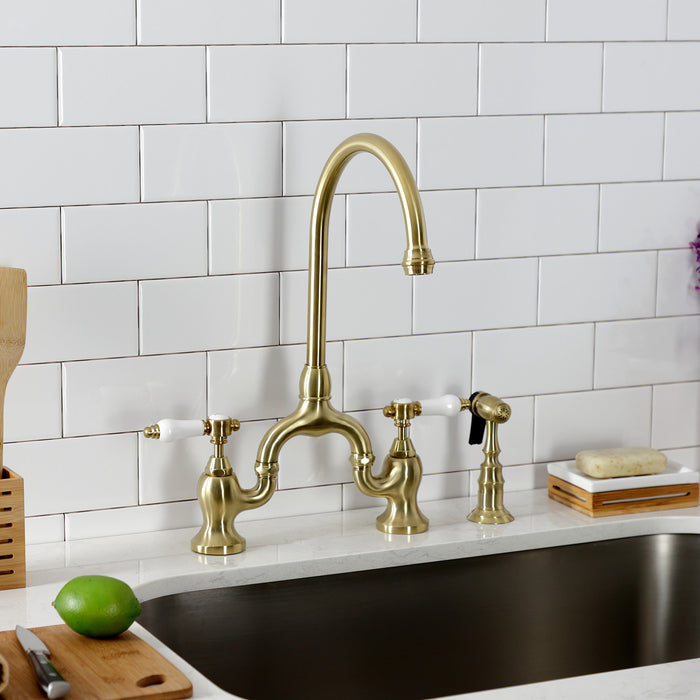 Kingston Heirloom KS7797BPLBS - Bel-Air Two-Handle 3-Hole Deck Mount Bridge Kitchen Faucet with Brass Sprayer, Brushed Brass