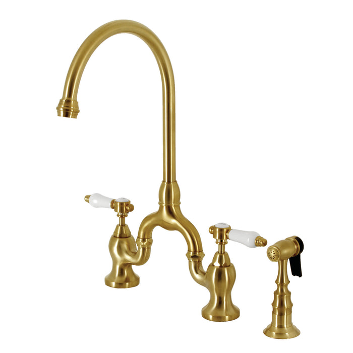 Kingston Heirloom KS7797BPLBS - Bel-Air Two-Handle 3-Hole Deck Mount Bridge Kitchen Faucet with Brass Sprayer, Brushed Brass