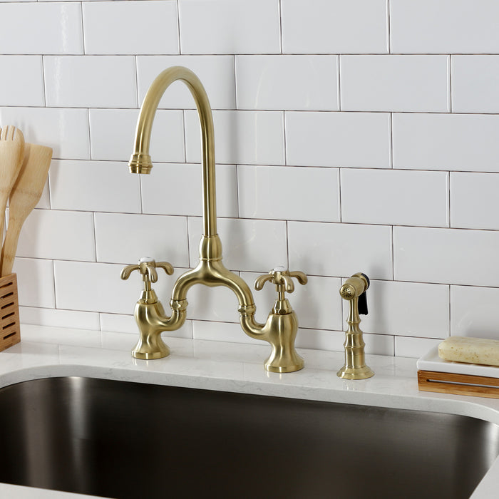 Kingston Heirloom KS7797TXBS - French Country Two-Handle 3-Hole Deck Mount Bridge Kitchen Faucet with Brass Sprayer, Brushed Brass