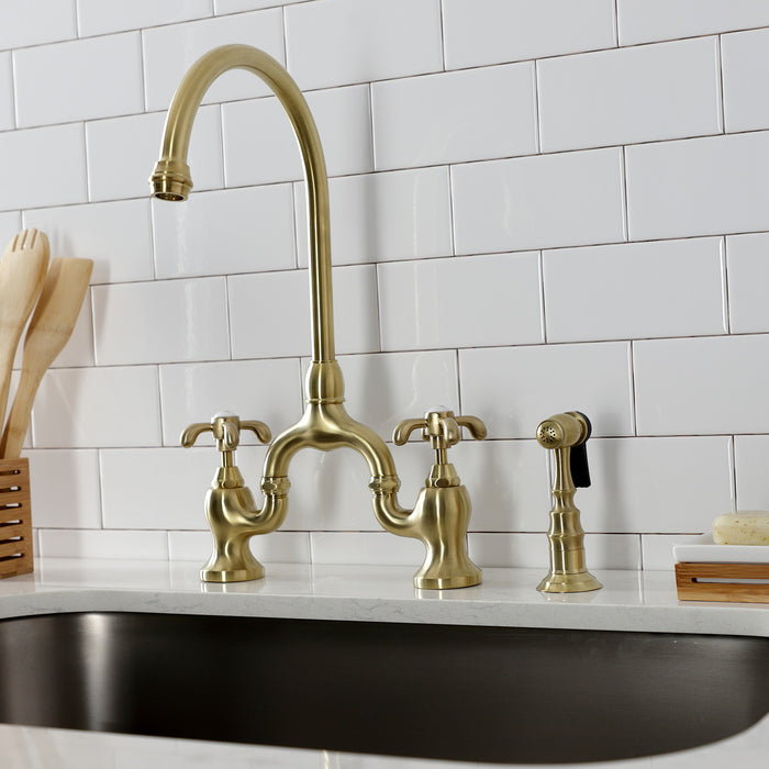 Kingston Heirloom KS7797TXBS - French Country Two-Handle 3-Hole Deck Mount Bridge Kitchen Faucet with Brass Sprayer, Brushed Brass