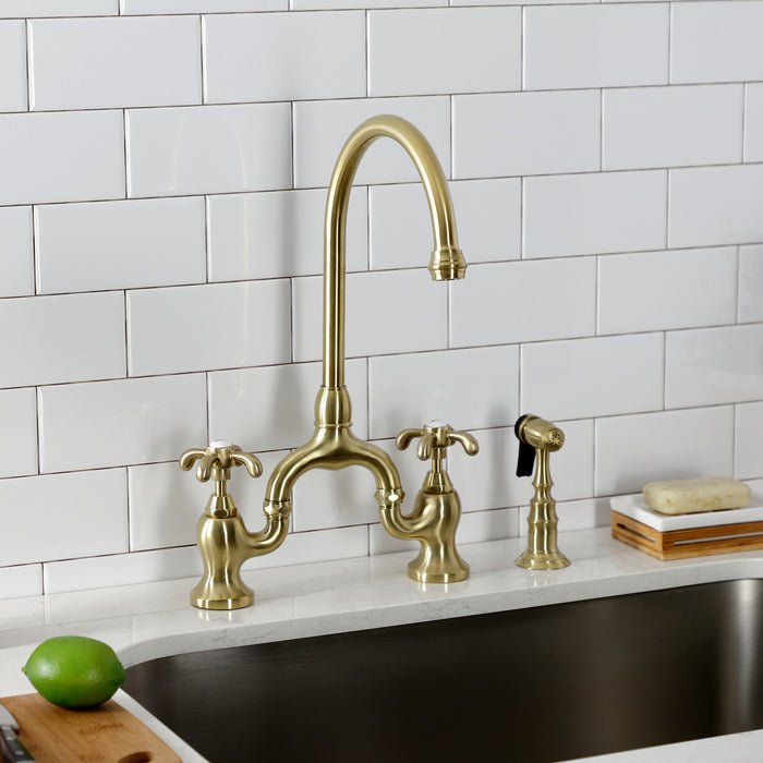 Kingston Heirloom KS7797TXBS - French Country Two-Handle 3-Hole Deck Mount Bridge Kitchen Faucet with Brass Sprayer, Brushed Brass