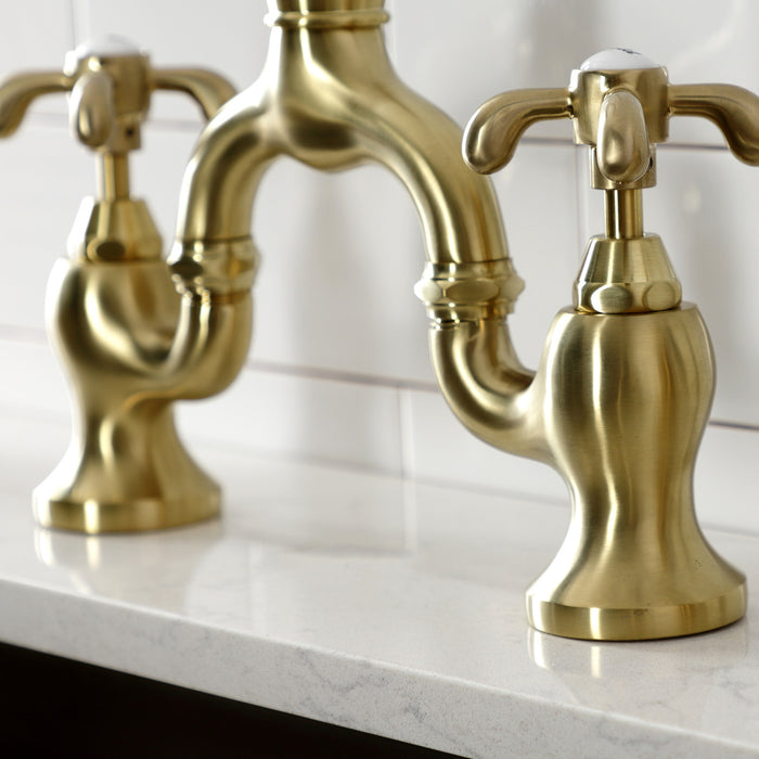 Kingston Heirloom KS7797TXBS - French Country Two-Handle 3-Hole Deck Mount Bridge Kitchen Faucet with Brass Sprayer, Brushed Brass