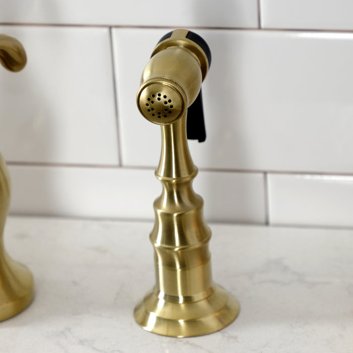 Kingston Heirloom KS7797TXBS - French Country Two-Handle 3-Hole Deck Mount Bridge Kitchen Faucet with Brass Sprayer, Brushed Brass
