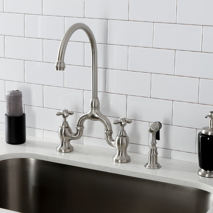 Kingston Heirloom KS7798AXBS - English Country Two-Handle 3-Hole Deck Mount Bridge Kitchen Faucet with Brass Sprayer, Brushed Nickel