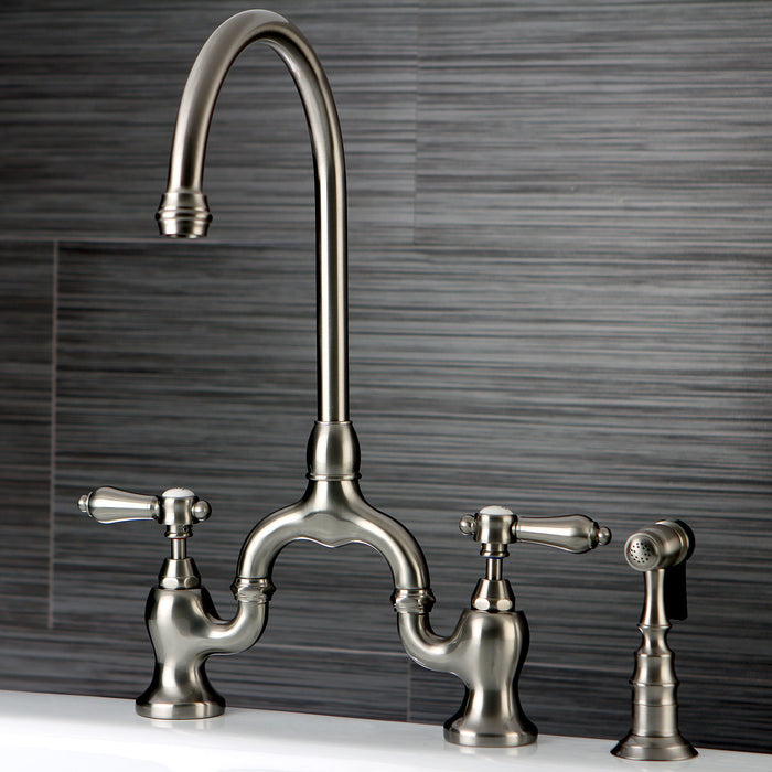 Kingston Heirloom KS7798BALBS - Heirloom Two-Handle 3-Hole Deck Mount Bridge Kitchen Faucet with Brass Sprayer, Brushed Nickel