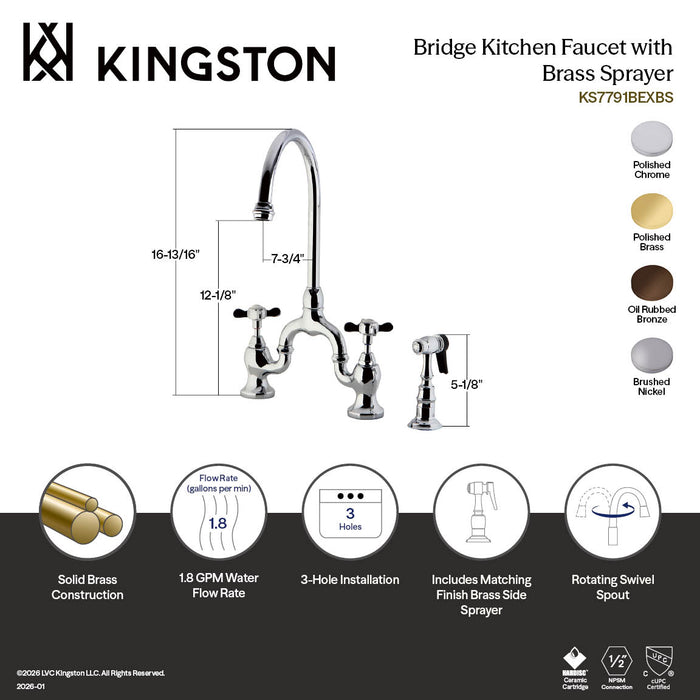 Kingston Heirloom KS7798BEXBS - Essex Two-Handle 3-Hole Deck Mount Bridge Kitchen Faucet with Brass Sprayer, Brushed Nickel