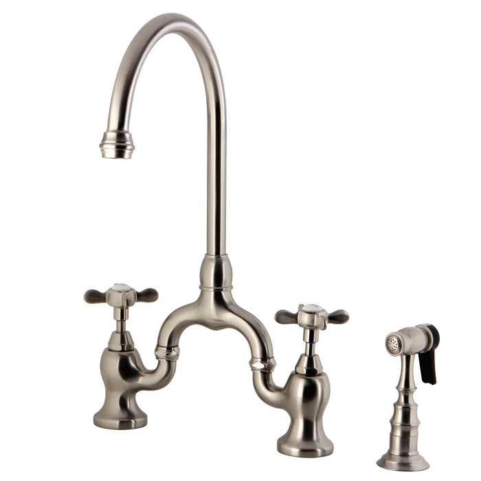 Kingston Heirloom KS7798BEXBS - Essex Two-Handle 3-Hole Deck Mount Bridge Kitchen Faucet with Brass Sprayer, Brushed Nickel