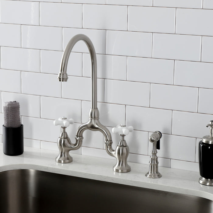 Kingston Heirloom KS7798PXBS - English Country Two-Handle 3-Hole Deck Mount Bridge Kitchen Faucet with Brass Sprayer, Brushed Nickel