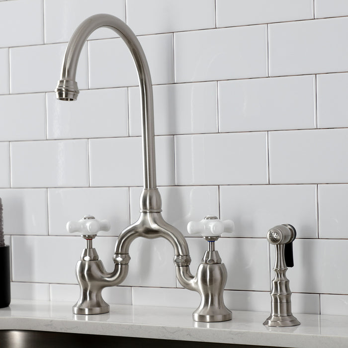 Kingston Heirloom KS7798PXBS - English Country Two-Handle 3-Hole Deck Mount Bridge Kitchen Faucet with Brass Sprayer, Brushed Nickel