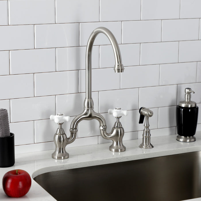 Kingston Heirloom KS7798PXBS - English Country Two-Handle 3-Hole Deck Mount Bridge Kitchen Faucet with Brass Sprayer, Brushed Nickel