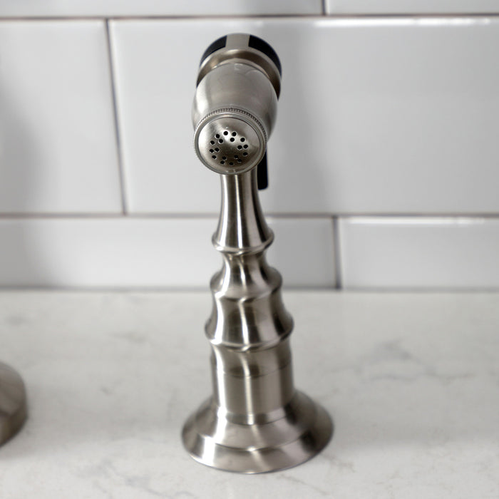 Kingston Heirloom KS7798PXBS - English Country Two-Handle 3-Hole Deck Mount Bridge Kitchen Faucet with Brass Sprayer, Brushed Nickel