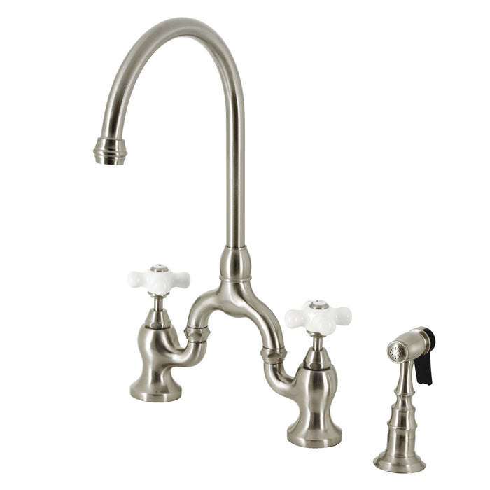 Kingston Heirloom KS7798PXBS - English Country Two-Handle 3-Hole Deck Mount Bridge Kitchen Faucet with Brass Sprayer, Brushed Nickel