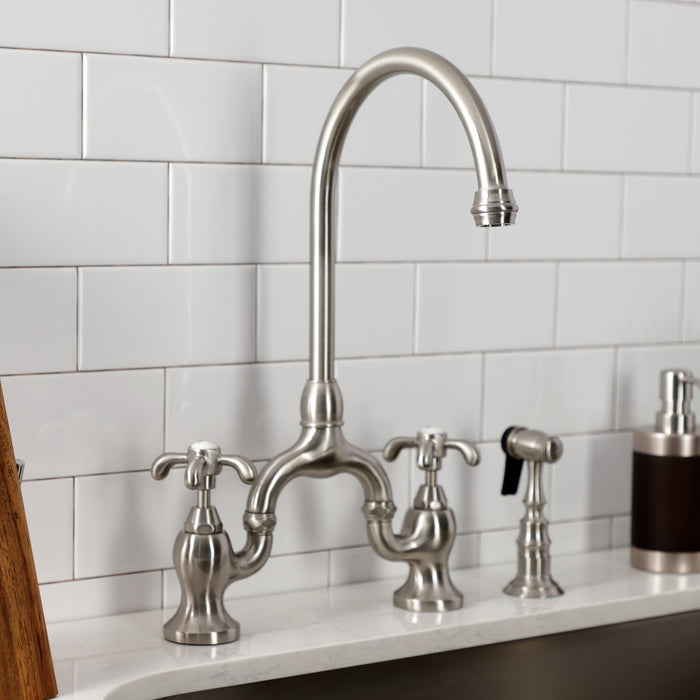 Kingston Heirloom KS7798TXBS - French Country Two-Handle 3-Hole Deck Mount Bridge Kitchen Faucet with Brass Sprayer, Brushed Nickel