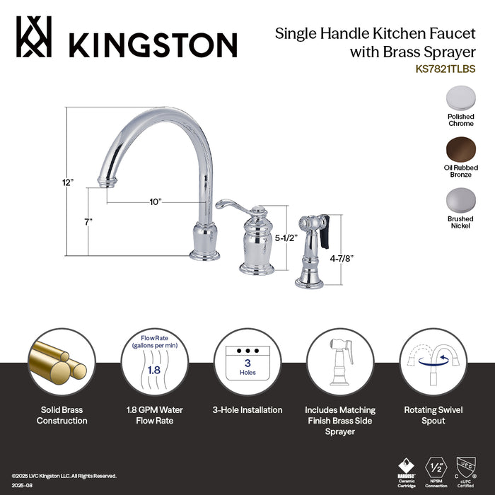 Kingston Tulare KS7825TLBS - Templeton Single-Handle 3-Hole Widespread Kitchen Faucet with Brass Sprayer, Oil Rubbed Bronze