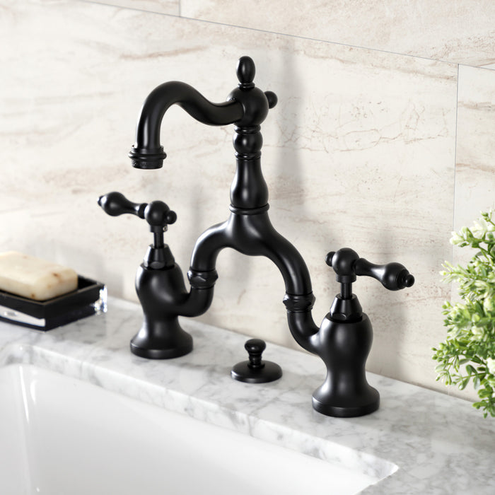 Kingston Heirloom KS7970AL - English Country Two-Handle 3-Hole Deck Mount Bridge Bathroom Faucet with Brass Pop-Up, Matte Black