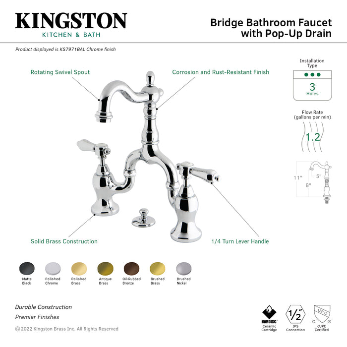 Kingston Heirloom KS7970BAL - Heirloom Two-Handle 3-Hole Deck Mount Bridge Bathroom Faucet with Brass Pop-Up, Matte Black