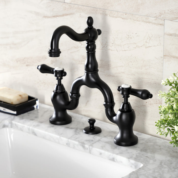 Kingston Heirloom KS7970BAL - Heirloom Two-Handle 3-Hole Deck Mount Bridge Bathroom Faucet with Brass Pop-Up, Matte Black