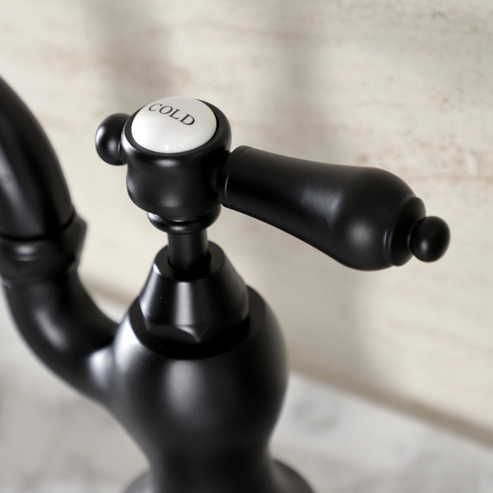 Kingston Heirloom KS7970BAL - Heirloom Two-Handle 3-Hole Deck Mount Bridge Bathroom Faucet with Brass Pop-Up, Matte Black