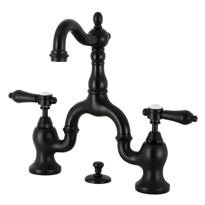 Kingston Heirloom KS7970BAL - Heirloom Two-Handle 3-Hole Deck Mount Bridge Bathroom Faucet with Brass Pop-Up, Matte Black