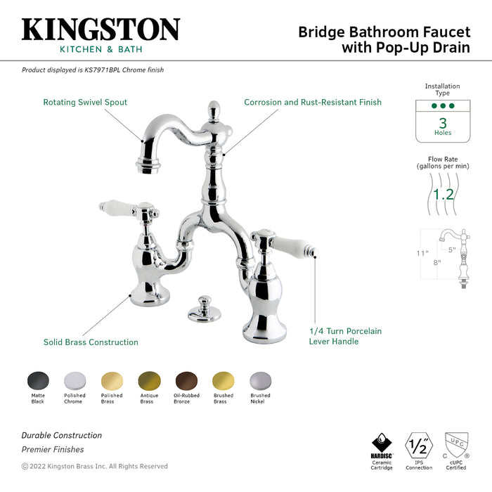 Kingston Heirloom KS7970BPL - Bel-Air Two-Handle 3-Hole Deck Mount Bridge Bathroom Faucet with Brass Pop-Up, Matte Black